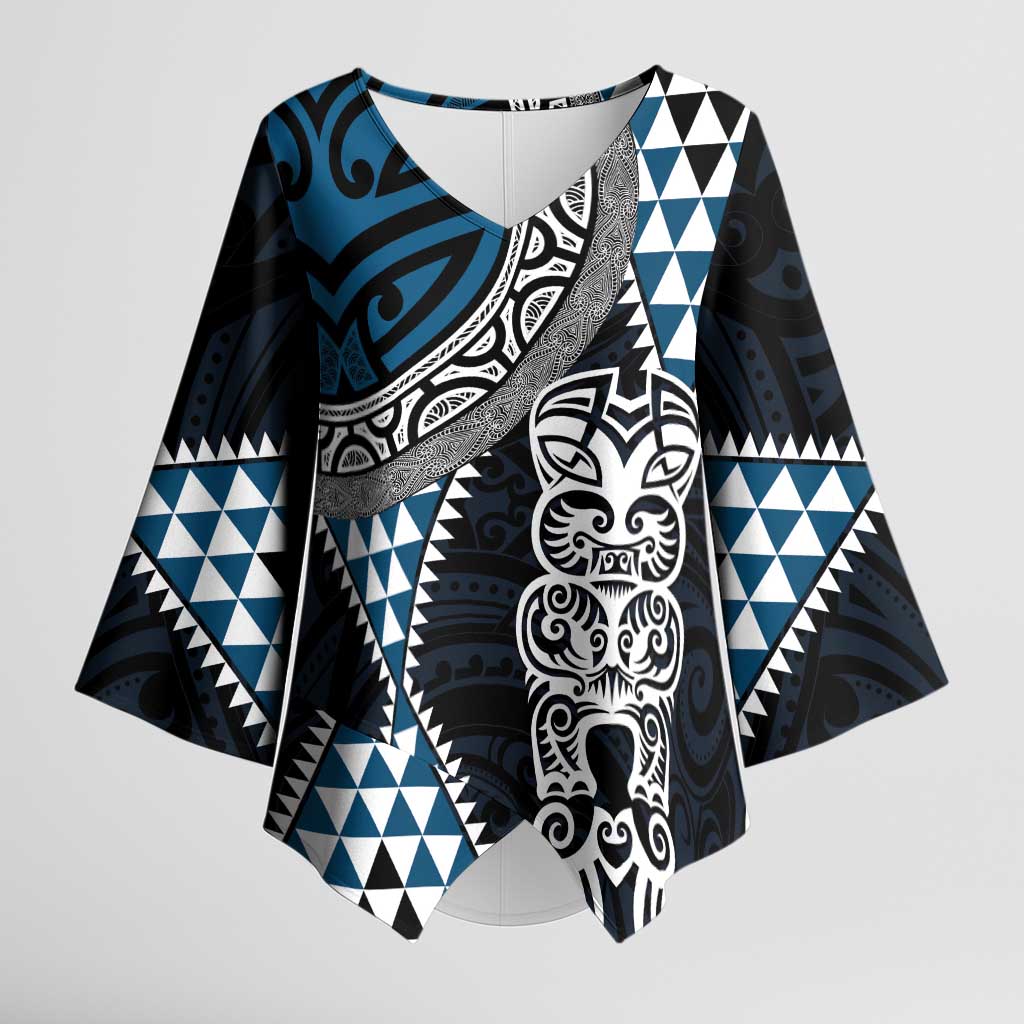 Blue Aotearoa Niho Taniwha Kimono Sleeve Blouse Maori Mythology Tooth - Taniko Motifs - Polynesian Pride