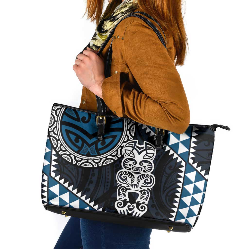 Blue Aotearoa Niho Taniwha Leather Tote Bag Maori Mythology Tooth - Taniko Motifs LT14 Blue - Polynesian Pride