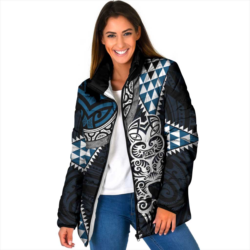Blue Aotearoa Niho Taniwha Padded Jacket Maori Mythology Tooth - Taniko Motifs LT14 Women Blue - Polynesian Pride