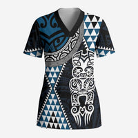 Blue Aotearoa Niho Taniwha Scrub Top Maori Mythology Tooth - Taniko Motifs - Polynesian Pride