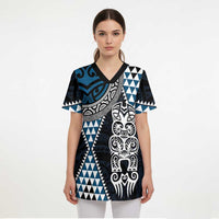 Blue Aotearoa Niho Taniwha Scrub Top Maori Mythology Tooth - Taniko Motifs - Polynesian Pride