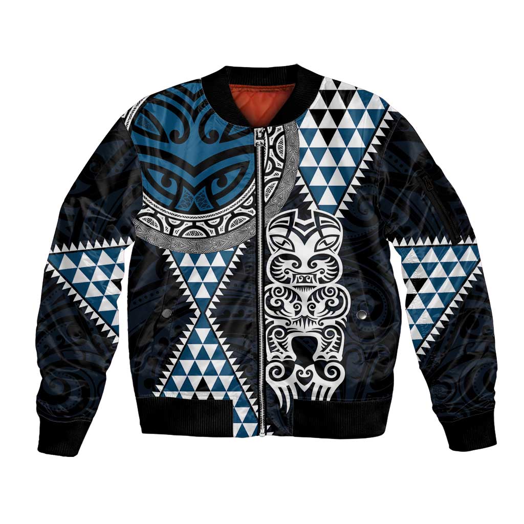 Blue Aotearoa Niho Taniwha Sleeve Zip Bomber Jacket Maori Mythology Tooth - Taniko Motifs LT14 Unisex Blue - Polynesian Pride