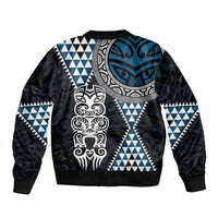 Blue Aotearoa Niho Taniwha Sleeve Zip Bomber Jacket Maori Mythology Tooth - Taniko Motifs