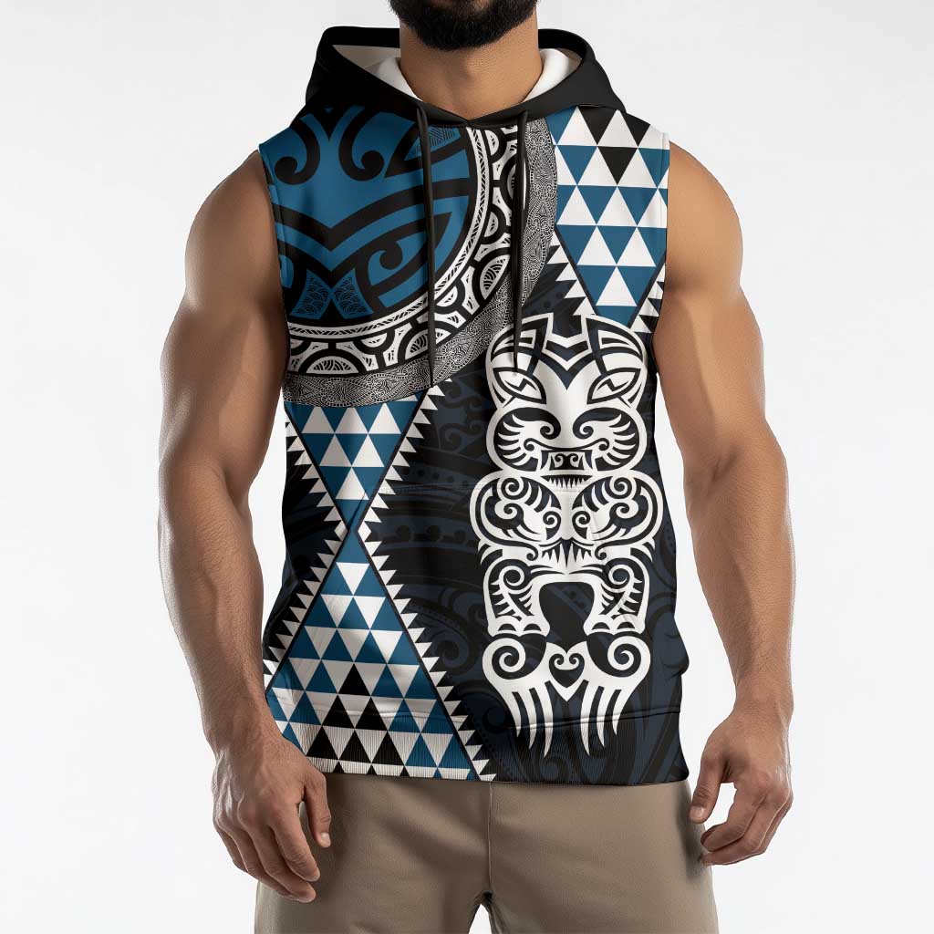 Blue Aotearoa Niho Taniwha Sleeveless Hoodie Maori Mythology Tooth - Taniko Motifs LT14 - Polynesian Pride
