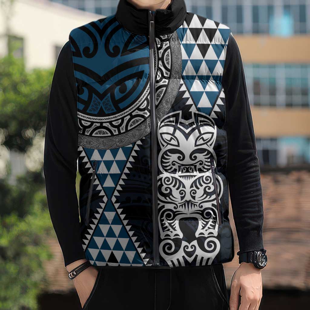 Blue Aotearoa Niho Taniwha Sleeveless Puffer Jacket Maori Mythology Tooth - Taniko Motifs LT14 - Polynesian Pride