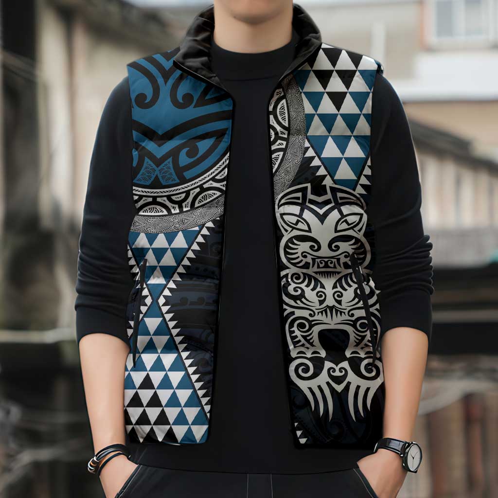 Blue Aotearoa Niho Taniwha Sleeveless Puffer Jacket Maori Mythology Tooth - Taniko Motifs LT14 - Polynesian Pride