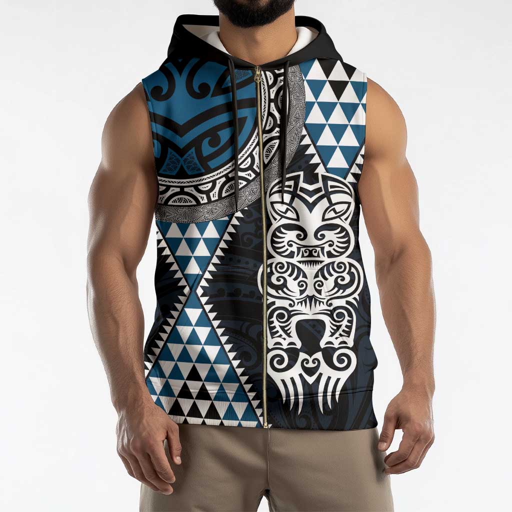 Blue Aotearoa Niho Taniwha Sleeveless Zip Hoodie Maori Mythology Tooth - Taniko Motifs - Polynesian Pride