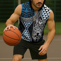 Blue Aotearoa Niho Taniwha Sleeveless Zip Hoodie Maori Mythology Tooth - Taniko Motifs - Polynesian Pride