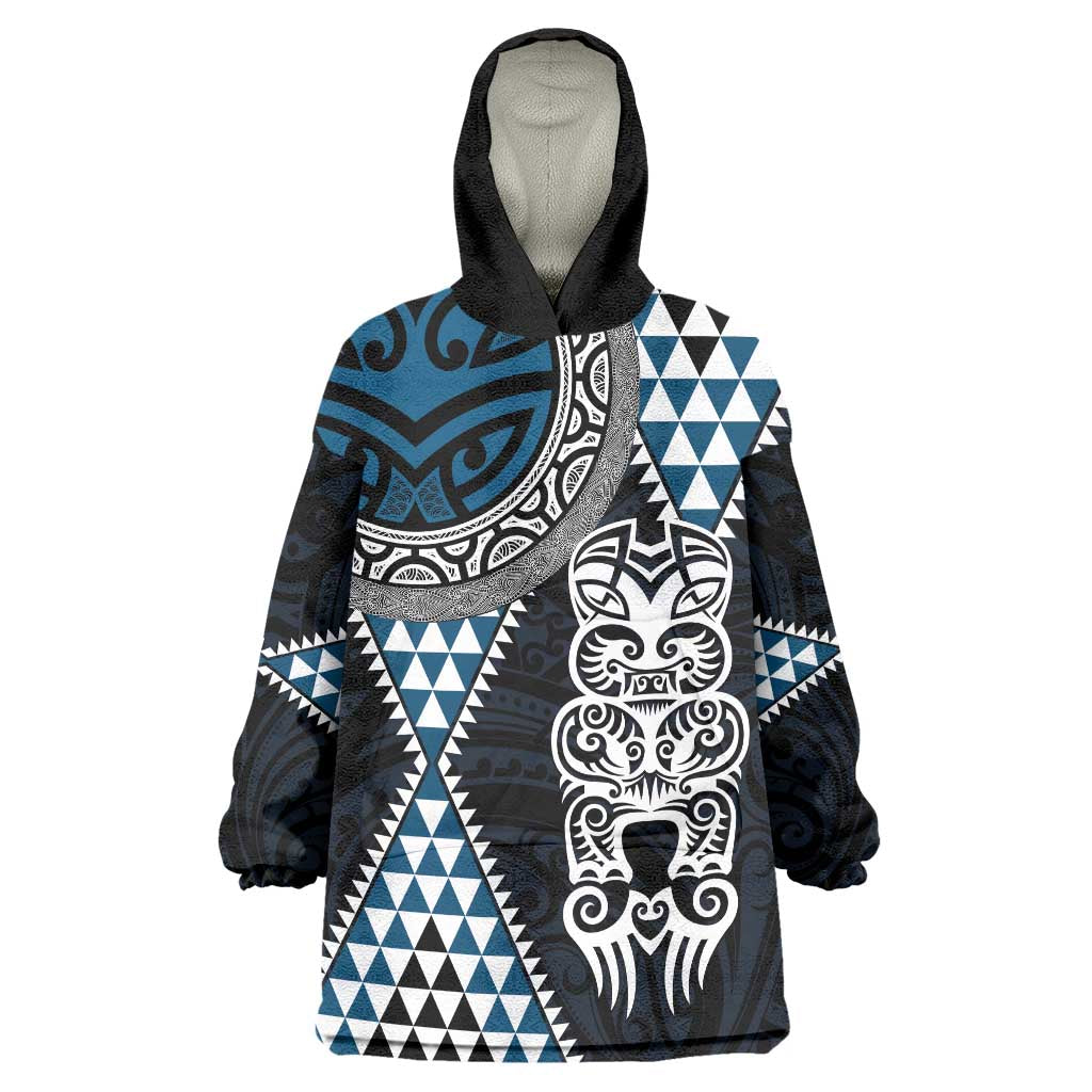 Blue Aotearoa Niho Taniwha Wearable Blanket Hoodie Maori Mythology Tooth - Taniko Motifs LT14 One Size Blue - Polynesian Pride