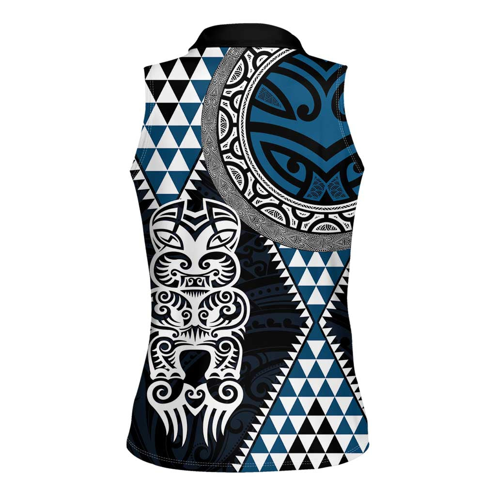 Blue Aotearoa Niho Taniwha Women Sleeveless Polo Shirt Maori Mythology Tooth - Taniko Motifs