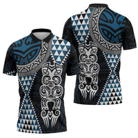 Blue Aotearoa Niho Taniwha Zipper Polo Shirt Maori Mythology Tooth - Taniko Motifs - Polynesian Pride
