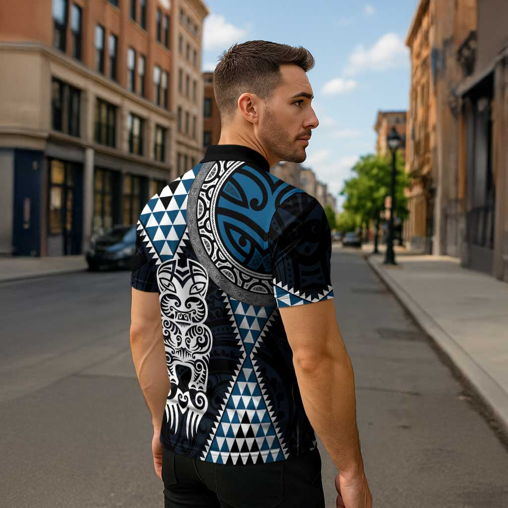 Blue Aotearoa Niho Taniwha Zipper Polo Shirt Maori Mythology Tooth - Taniko Motifs - Polynesian Pride
