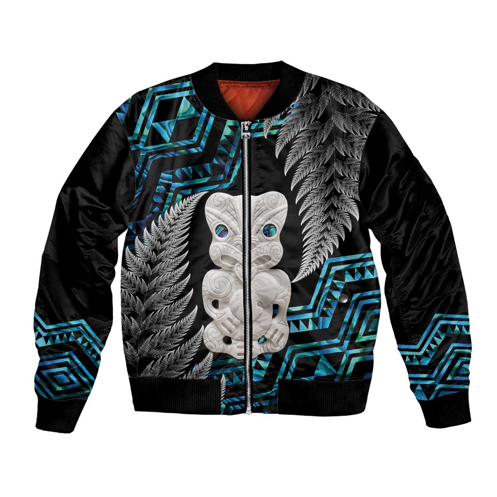 Aotearoa Taniko Paua Shell With Hei Tiki Bomber Jacket LT14 Unisex Black - Polynesian Pride