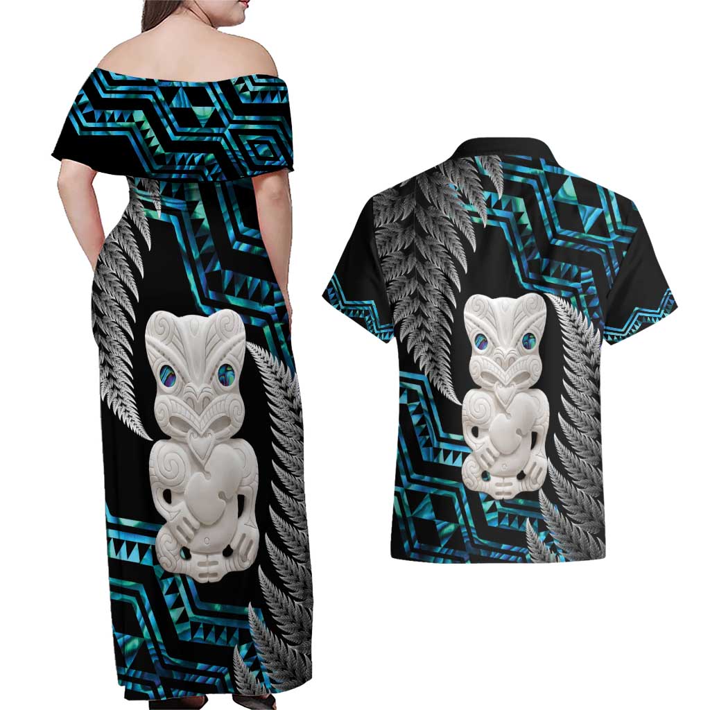 Aotearoa Taniko Paua Shell With Hei Tiki Couples Matching Off Shoulder Maxi Dress and Hawaiian Shirt