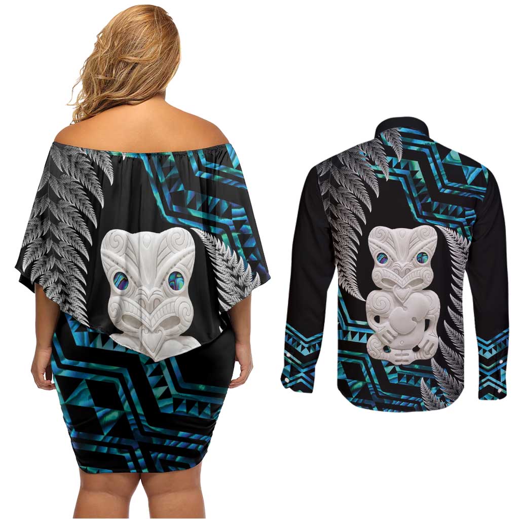 Aotearoa Taniko Paua Shell With Hei Tiki Couples Matching Off Shoulder Short Dress and Long Sleeve Button Shirt LT14 - Polynesian Pride