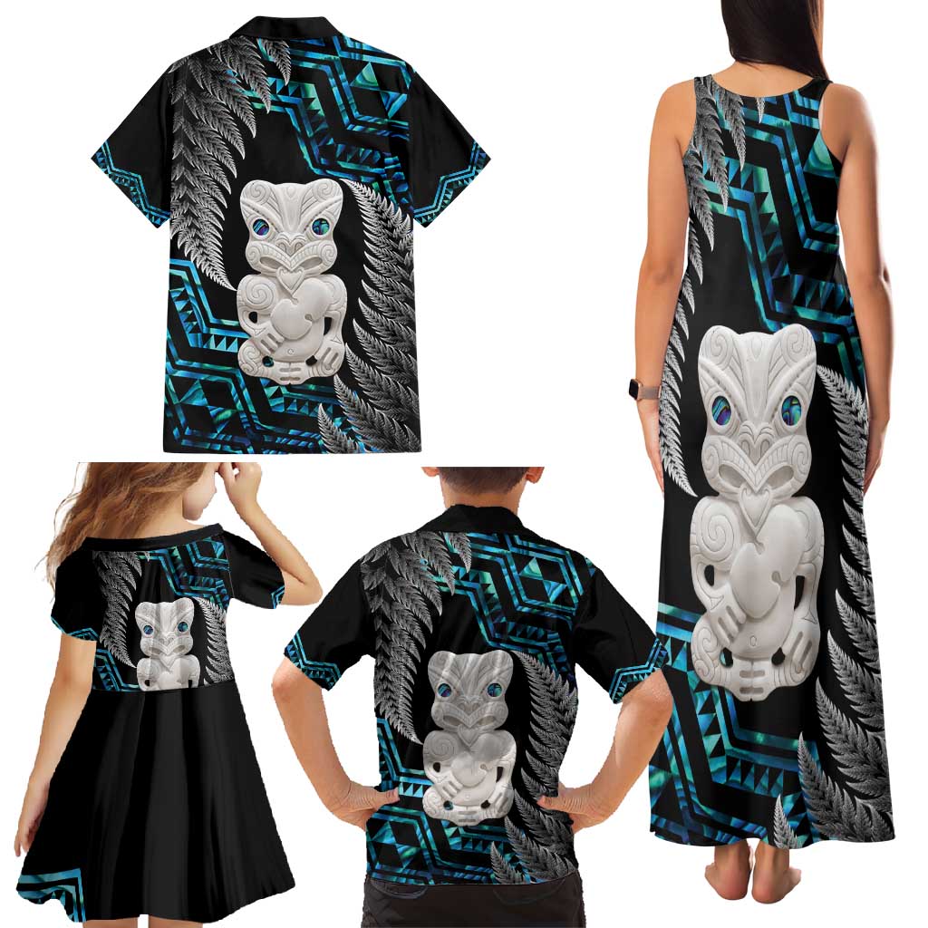 Aotearoa Taniko Paua Shell With Hei Tiki Family Matching Tank Maxi Dress and Hawaiian Shirt