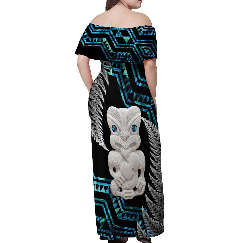 Aotearoa Taniko Paua Shell With Hei Tiki Off Shoulder Maxi Dress