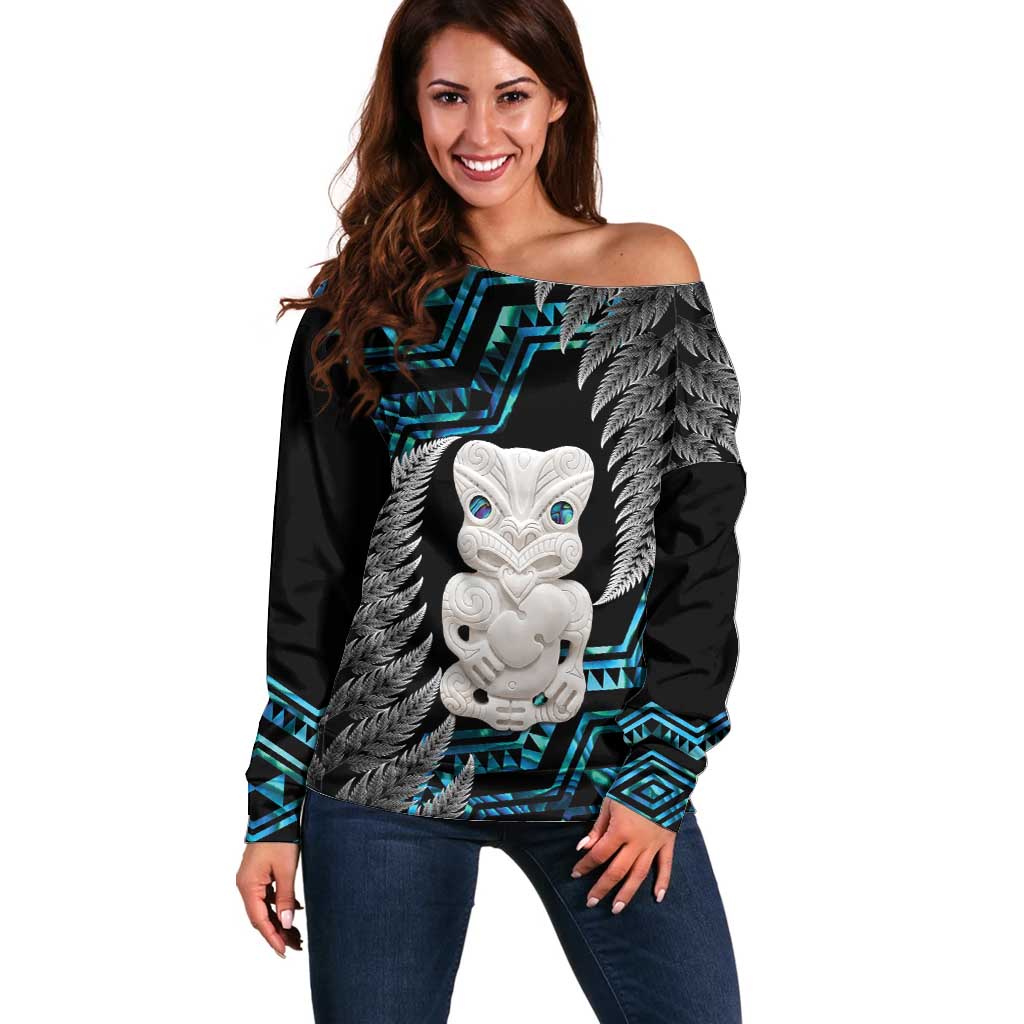 Aotearoa Taniko Paua Shell With Hei Tiki Off Shoulder Sweater LT14 Women Black - Polynesian Pride