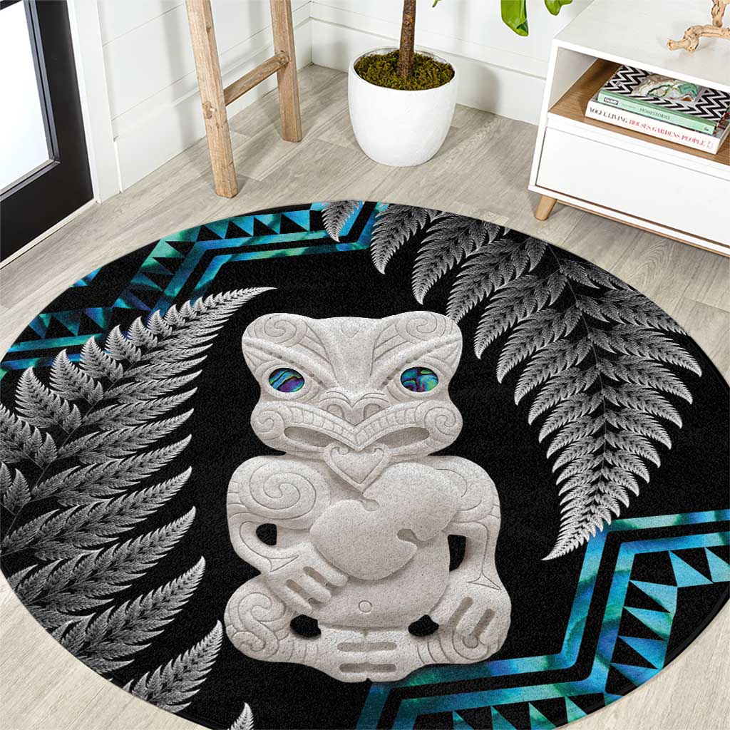 Aotearoa Taniko Paua Shell With Hei Tiki Round Carpet LT14 Black - Polynesian Pride