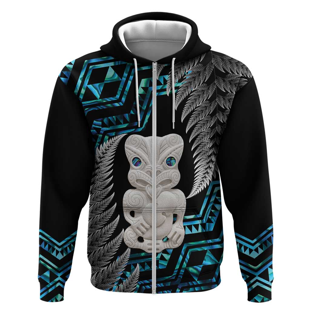 Aotearoa Taniko Paua Shell With Hei Tiki Zip Hoodie LT14 Zip Hoodie Black - Polynesian Pride