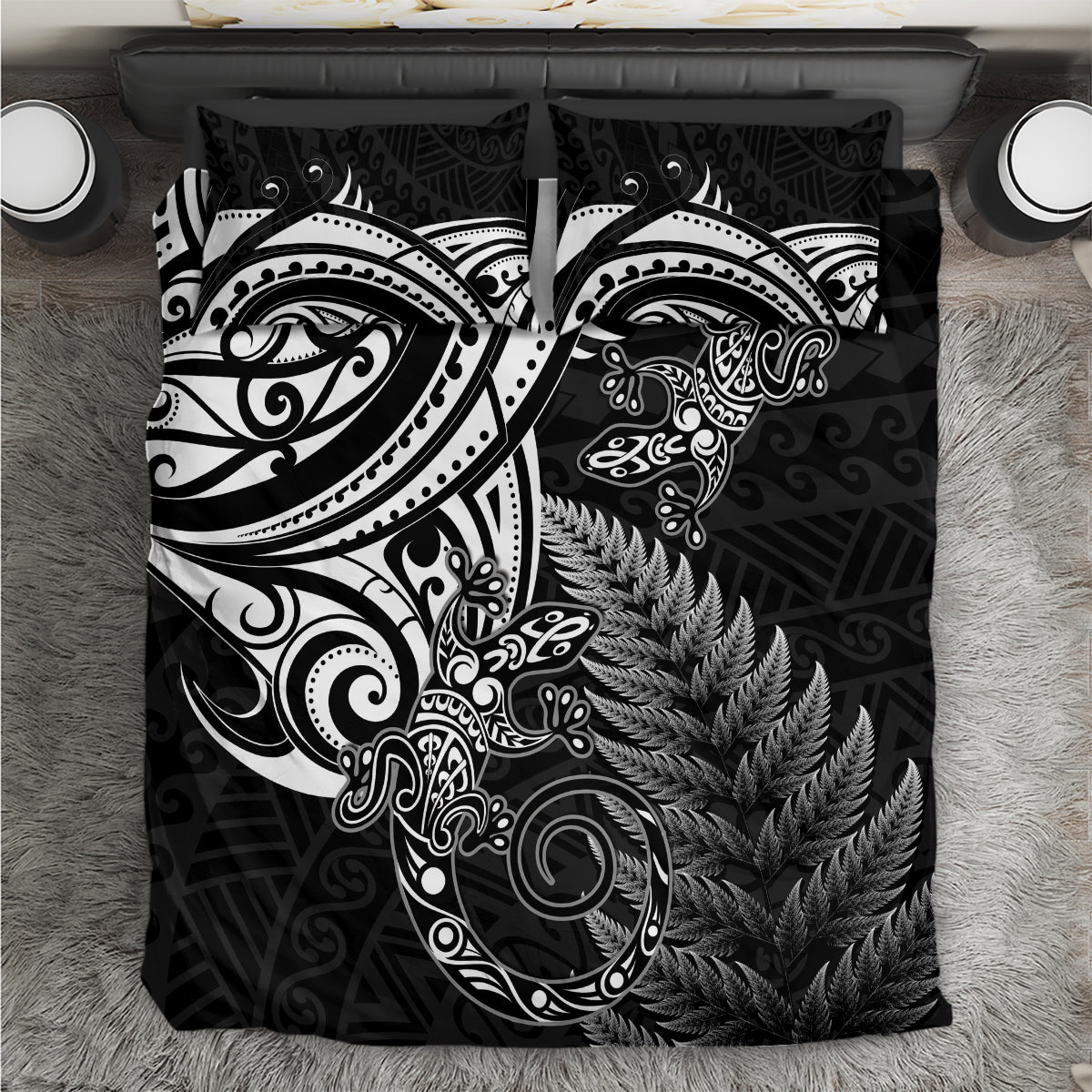 New Zealand Lizard Bedding Set Silver Fern Aotearoa Maori