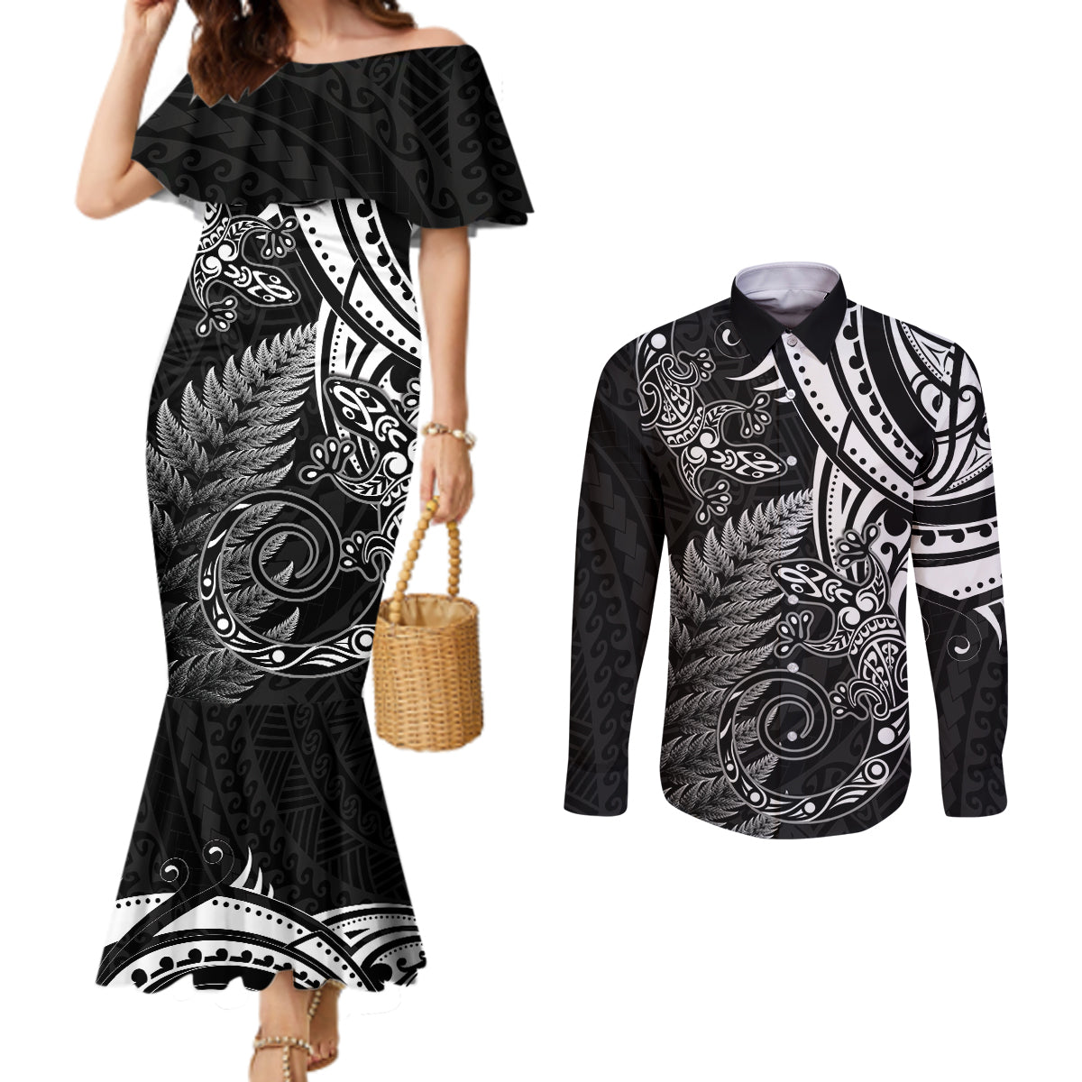 New Zealand Lizard Couples Matching Mermaid Dress and Long Sleeve Button Shirt Silver Fern Aotearoa Maori LT14 Black - Polynesian Pride