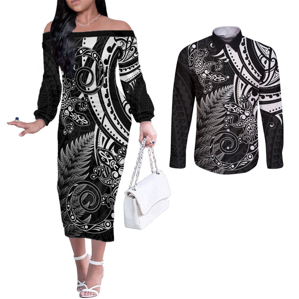 New Zealand Lizard Couples Matching Off The Shoulder Long Sleeve Dress and Long Sleeve Button Shirt Silver Fern Aotearoa Maori LT14 Black - Polynesian Pride