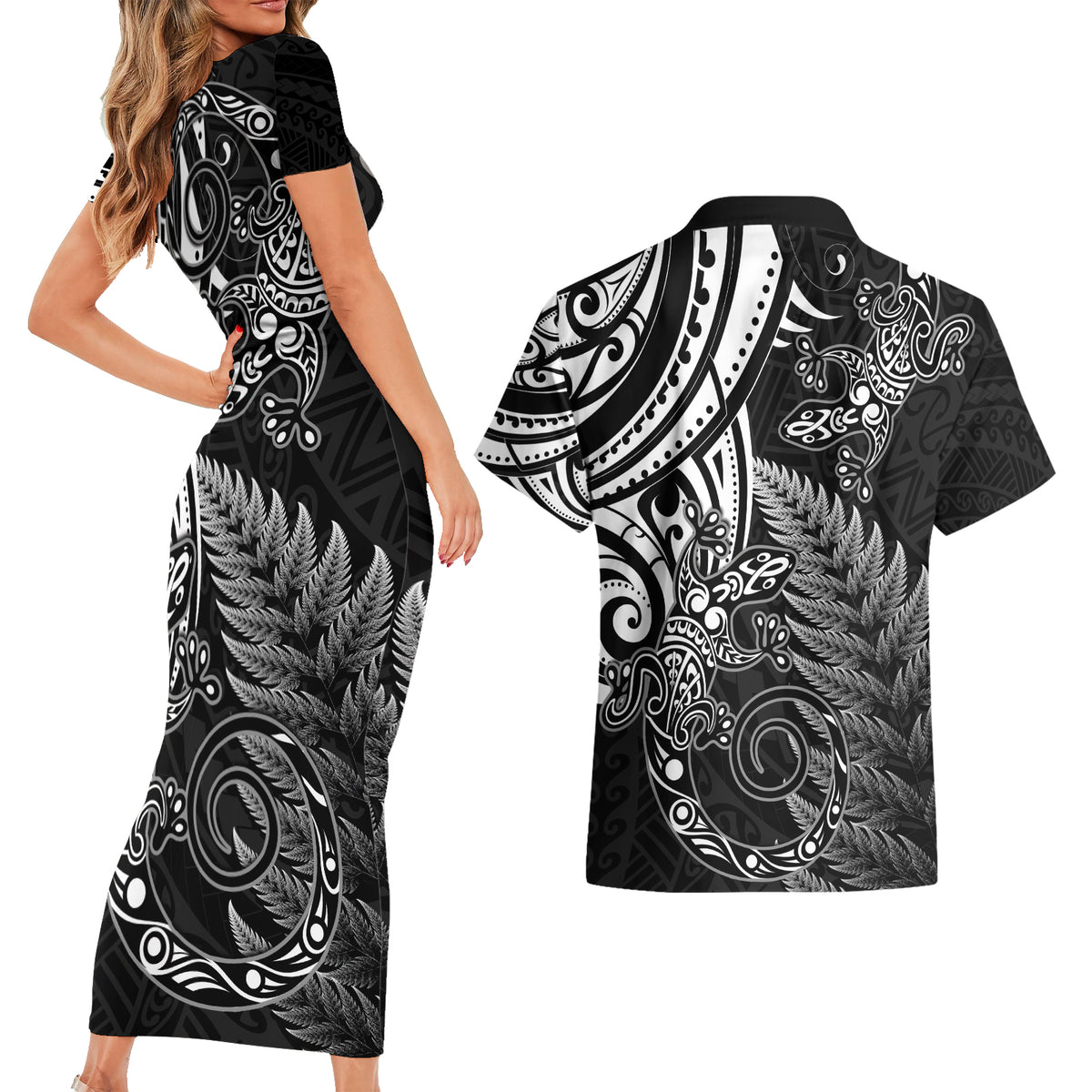 New Zealand Lizard Couples Matching Short Sleeve Bodycon Dress and Hawaiian Shirt Silver Fern Aotearoa Maori LT14 - Polynesian Pride
