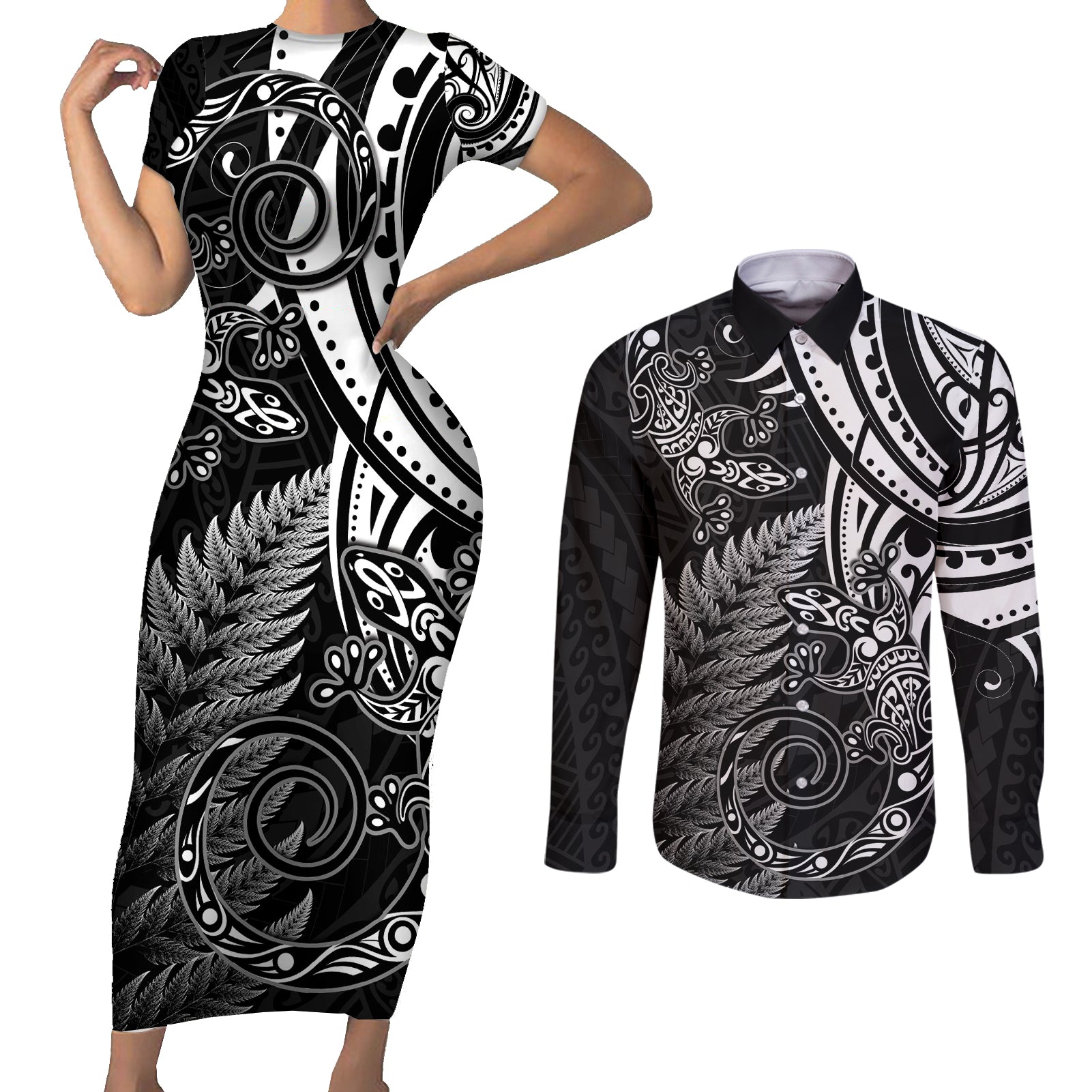 New Zealand Lizard Couples Matching Short Sleeve Bodycon Dress and Long Sleeve Button Shirt Silver Fern Aotearoa Maori LT14 Black - Polynesian Pride
