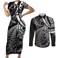 New Zealand Lizard Couples Matching Short Sleeve Bodycon Dress and Long Sleeve Button Shirt Silver Fern Aotearoa Maori LT14 Black - Polynesian Pride