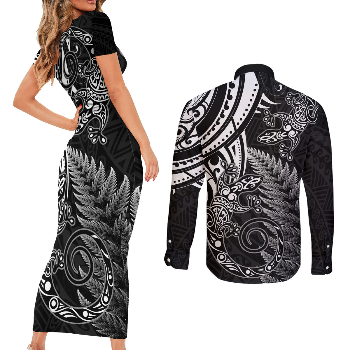 New Zealand Lizard Couples Matching Short Sleeve Bodycon Dress and Long Sleeve Button Shirt Silver Fern Aotearoa Maori LT14 - Polynesian Pride