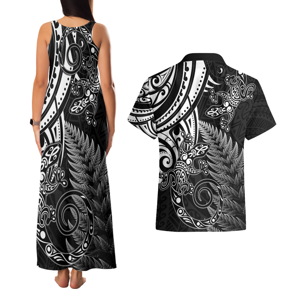 New Zealand Lizard Couples Matching Tank Maxi Dress and Hawaiian Shirt Silver Fern Aotearoa Maori LT14 - Polynesian Pride
