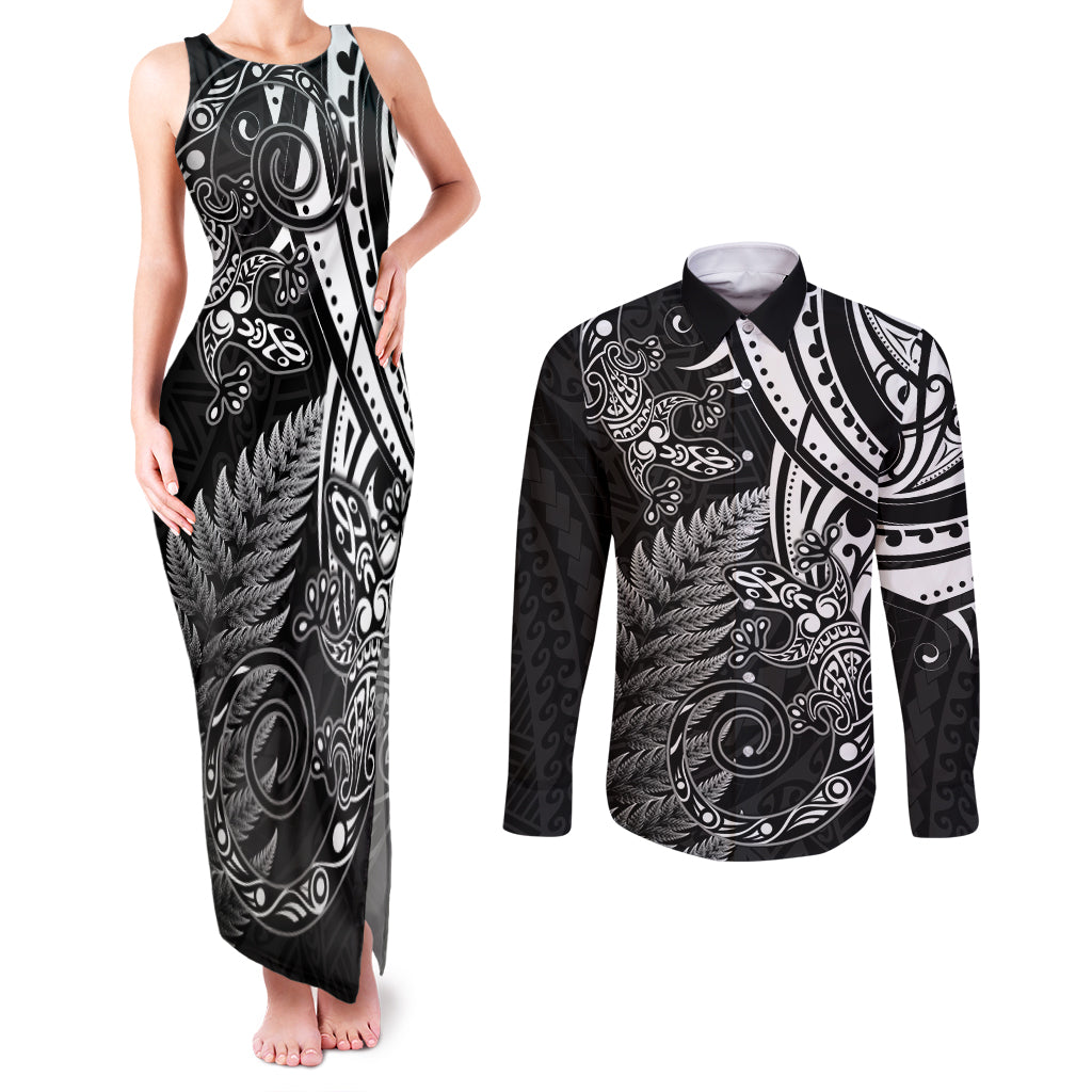 New Zealand Lizard Couples Matching Tank Maxi Dress and Long Sleeve Button Shirt Silver Fern Aotearoa Maori LT14 Black - Polynesian Pride