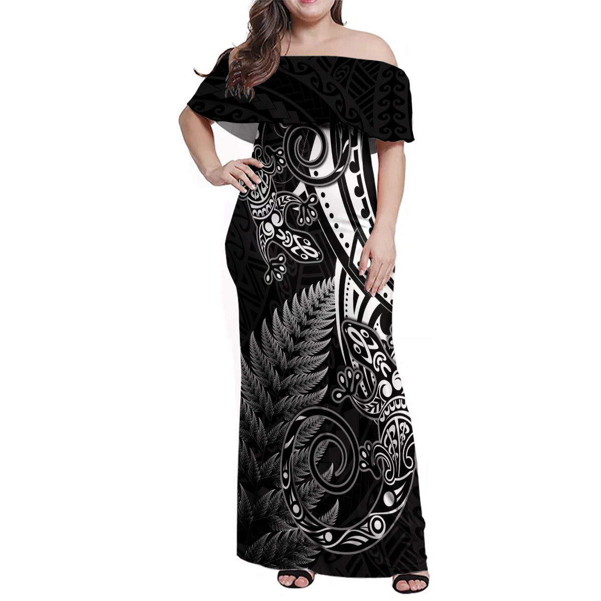 New Zealand Lizard Family Matching Off Shoulder Maxi Dress and Hawaiian Shirt Silver Fern Aotearoa Maori LT14 Mom's Dress Black - Polynesian Pride