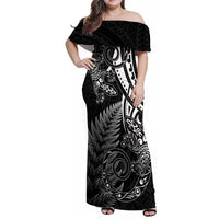New Zealand Lizard Family Matching Off Shoulder Maxi Dress and Hawaiian Shirt Silver Fern Aotearoa Maori LT14 Mom's Dress Black - Polynesian Pride