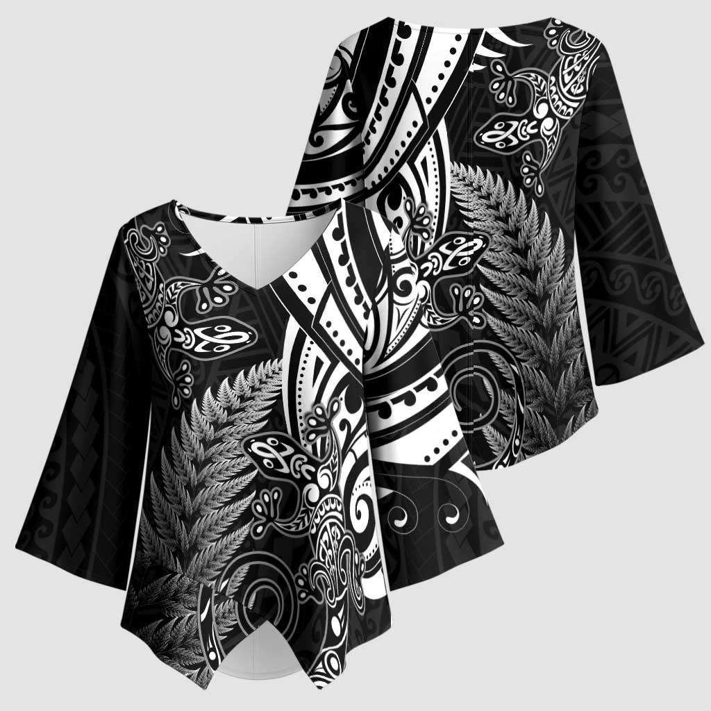 New Zealand Lizard Kimono Sleeve Blouse Silver Fern Aotearoa Maori - Polynesian Pride