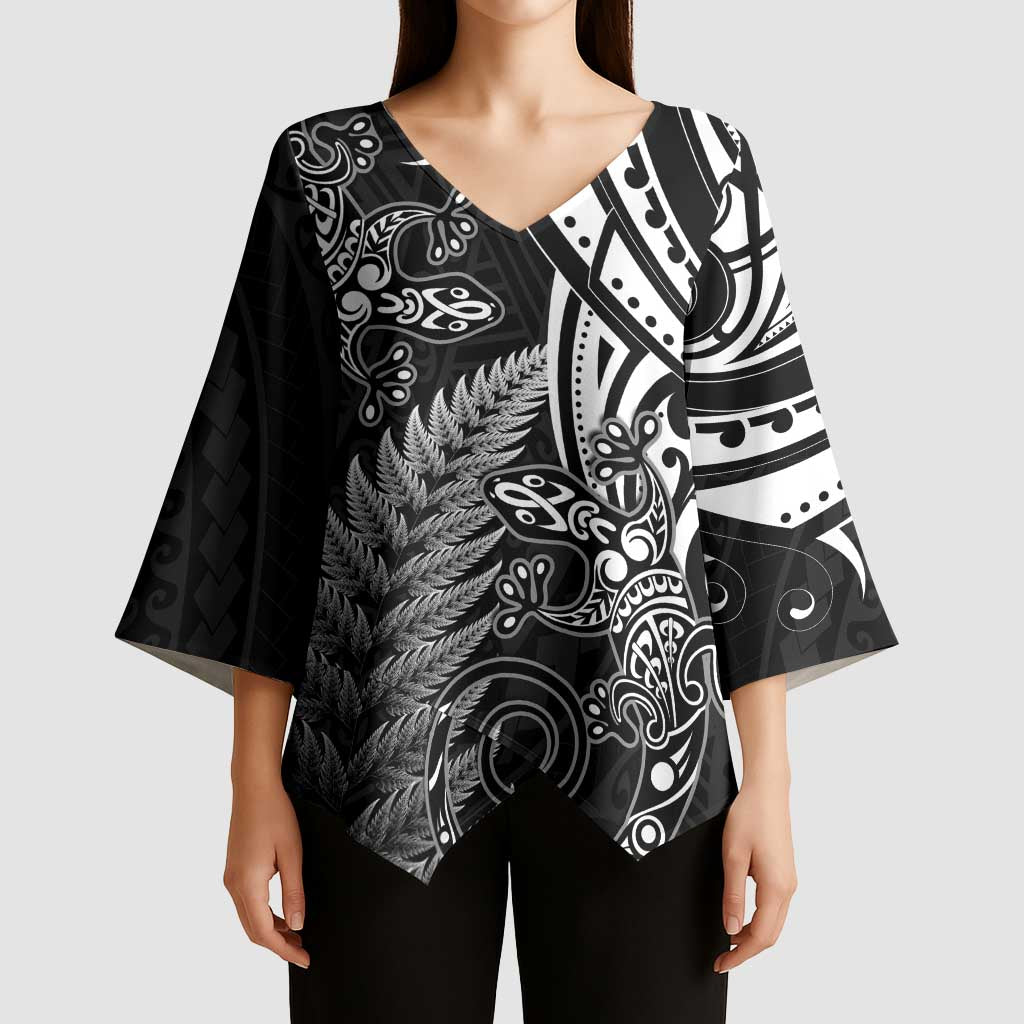 New Zealand Lizard Kimono Sleeve Blouse Silver Fern Aotearoa Maori - Polynesian Pride