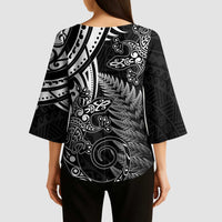 New Zealand Lizard Kimono Sleeve Blouse Silver Fern Aotearoa Maori - Polynesian Pride