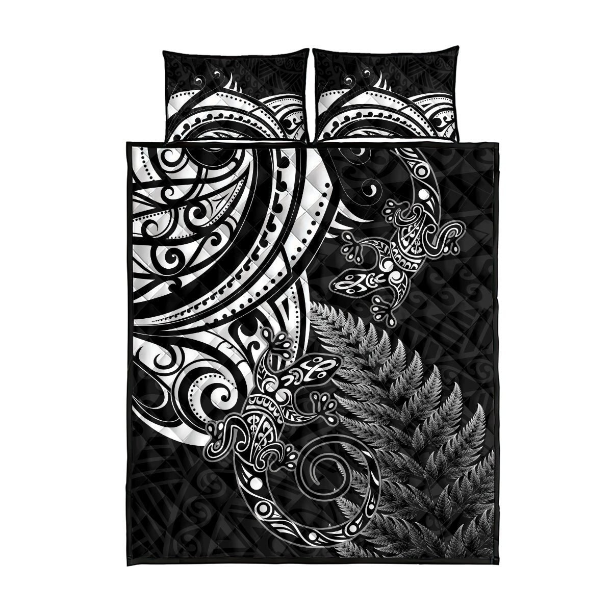 New Zealand Lizard Quilt Bed Set Silver Fern Aotearoa Maori