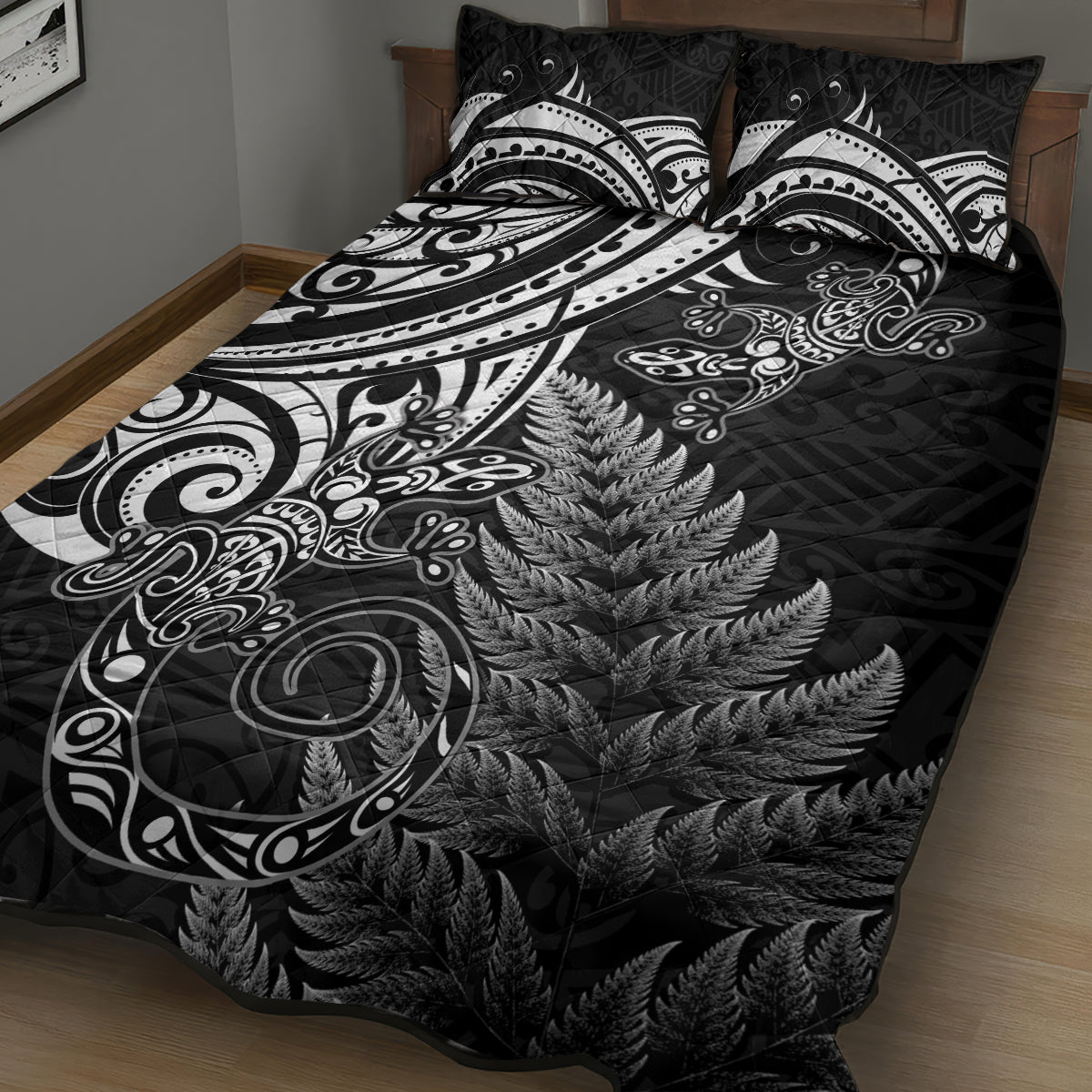 New Zealand Lizard Quilt Bed Set Silver Fern Aotearoa Maori
