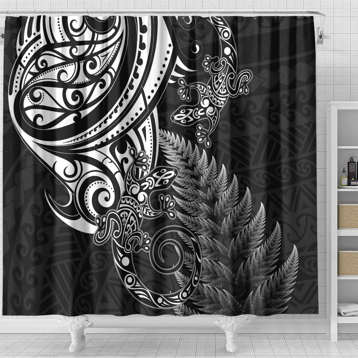 New Zealand Lizard Shower Curtain Silver Fern Aotearoa Maori