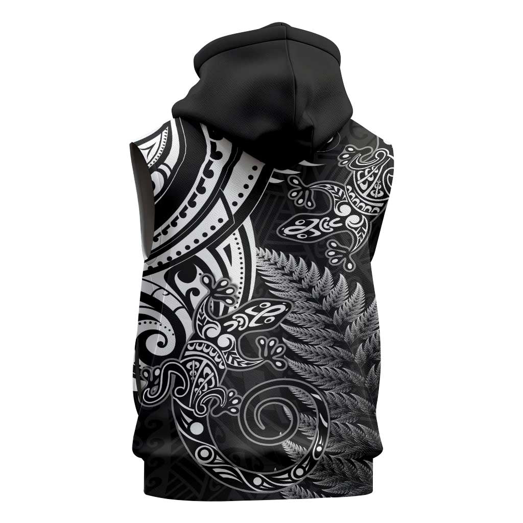 New Zealand Lizard Sleeveless Zip Hoodie Silver Fern Aotearoa Maori - Polynesian Pride