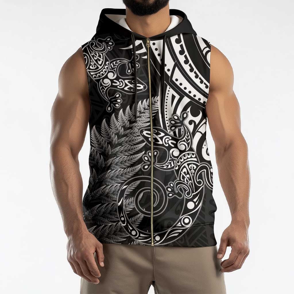 New Zealand Lizard Sleeveless Zip Hoodie Silver Fern Aotearoa Maori - Polynesian Pride