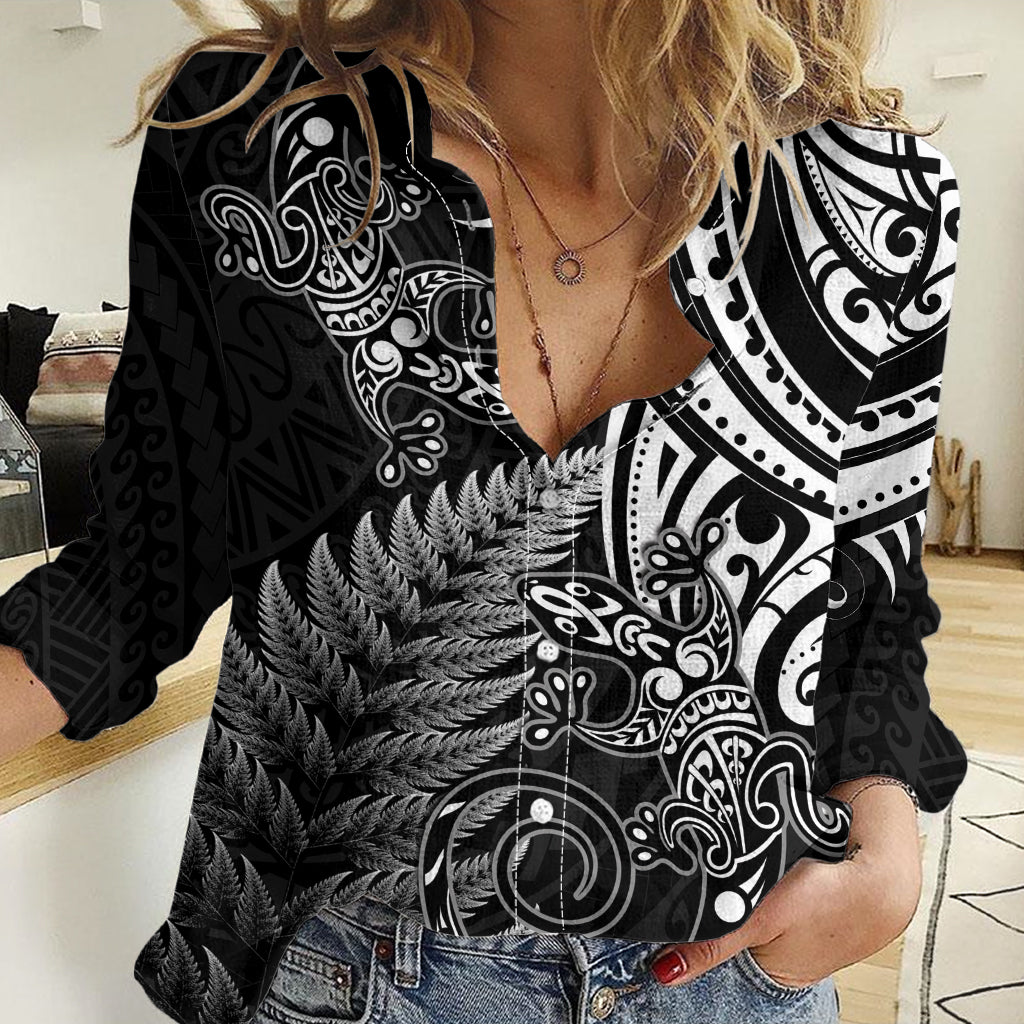 New Zealand Lizard Women Casual Shirt Silver Fern Aotearoa Maori LT14 Female Black - Polynesian Pride