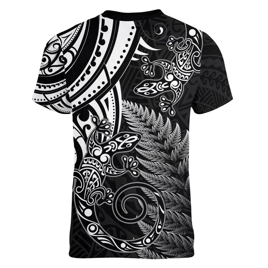 New Zealand Lizard Women V Neck T Shirt Silver Fern Aotearoa Maori LT14 - Polynesian Pride