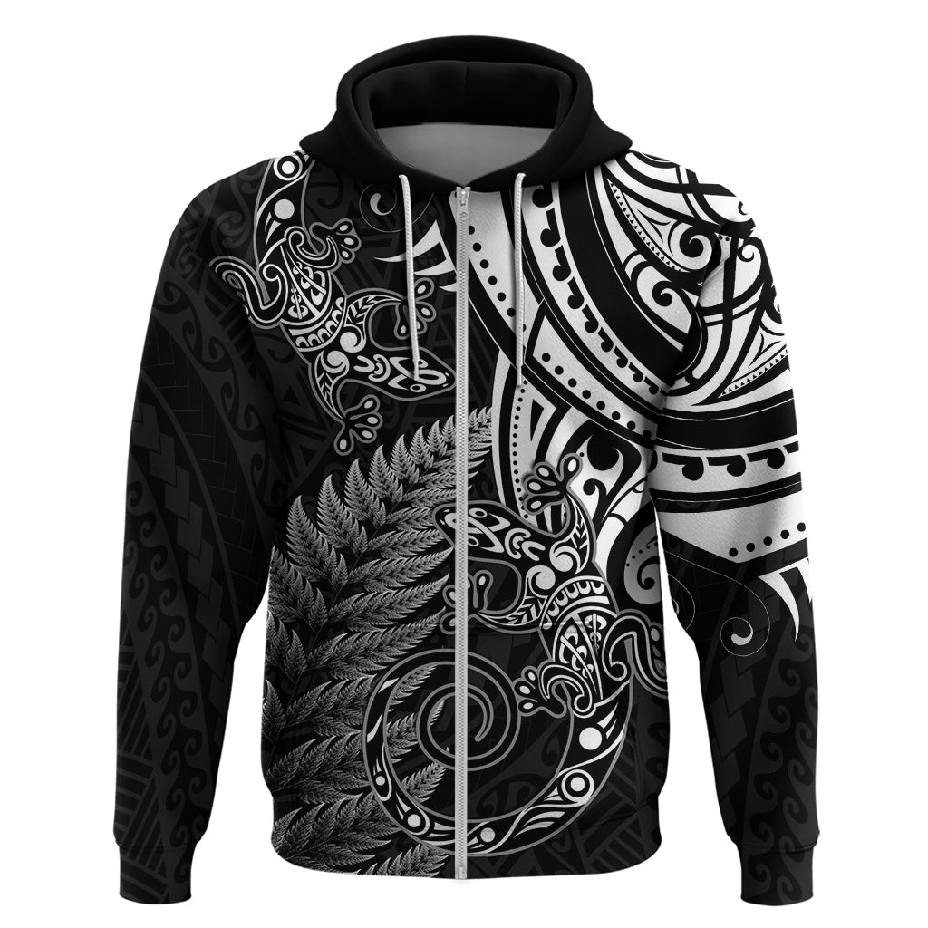 New Zealand Lizard Zip Hoodie Silver Fern Aotearoa Maori LT14 Zip Hoodie Black - Polynesian Pride
