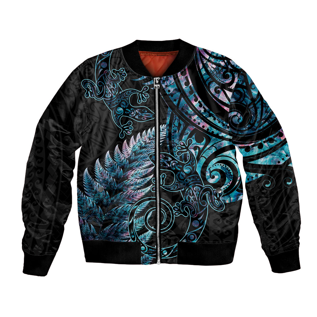 New Zealand Lizard Bomber Jacket Silver Fern Aotearoa Maori With Paua Shell LT14 Unisex Turquoise - Polynesian Pride