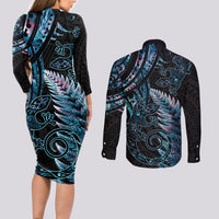 New Zealand Lizard Couples Matching Long Sleeve Bodycon Dress and Long Sleeve Button Shirt Silver Fern Aotearoa Maori With Paua Shell LT14 - Polynesian Pride