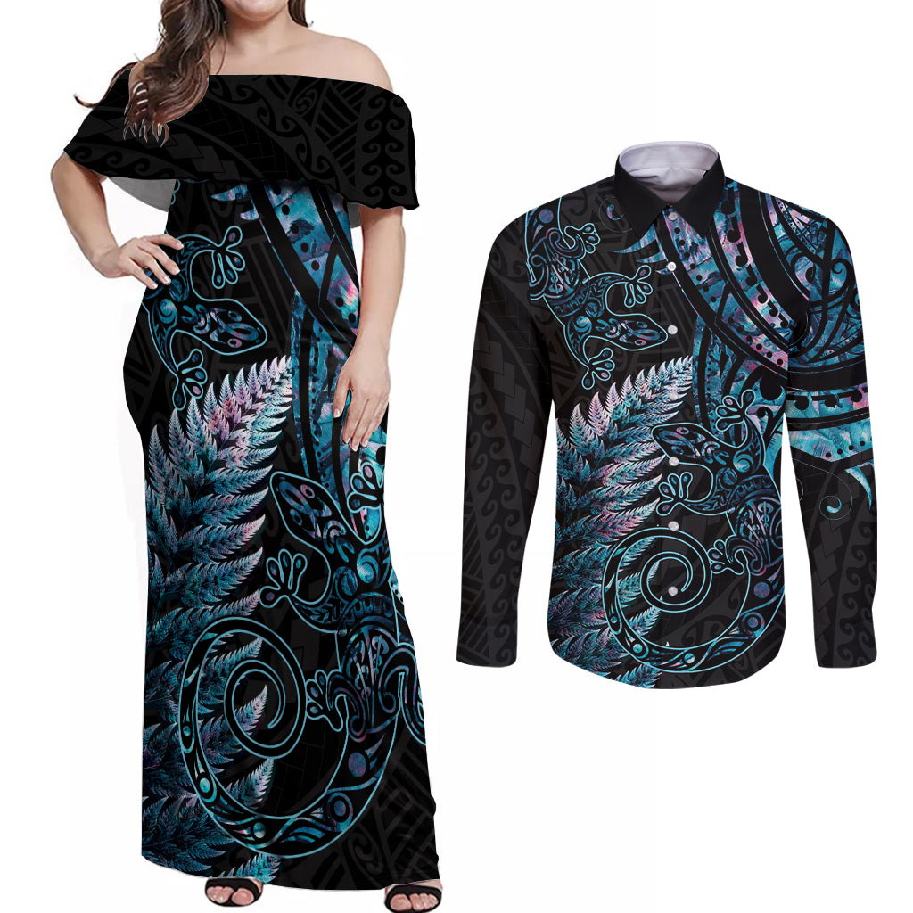 New Zealand Lizard Couples Matching Off Shoulder Maxi Dress and Long Sleeve Button Shirt Silver Fern Aotearoa Maori With Paua Shell LT14 Turquoise - Polynesian Pride