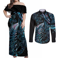 New Zealand Lizard Couples Matching Off Shoulder Maxi Dress and Long Sleeve Button Shirt Silver Fern Aotearoa Maori With Paua Shell LT14 Turquoise - Polynesian Pride